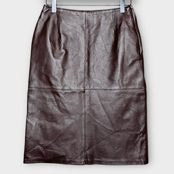 NYGARD genuine leather dark brown knee length a line skirt size 4 lined luxury - Picture 1 of 4